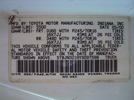 2000 TOYOTA TUNDRA REGULAR CAB DLX MODEL,3.4L V6 AT RWD COLOR WHITE STK Z12301