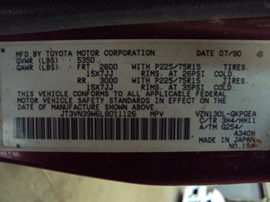 1990 TOYOTA 4RUNNER SUV SR5 MODEL 3.0L V6 AT 4X4 COLOR RED STK Z12353